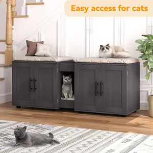 Garvee Double Compartment Wooden Cat Litter Box Enclosure Cabinet - Hidden Washroom Furniture for 2 Cats, Dual Rooms Fits Large Boxes, Modern Walnut and Black Finish
