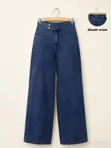 Women's Elastic Waist Mid-Waist Wide Leg Straight Denim Jeans, Pants, Trouser, Dual Row Button Design, Casual All-Season Wear, Commute and Shopping