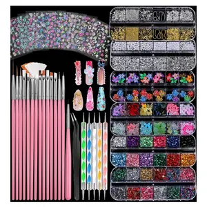 Nail Art Kit with 15 Pcs Nail Art Brush, 5 Pcs Dotting Tools, 6 Box Nail Charms and Gems, 10 Sheet Flower Nail Stickers, Complete Nail Decoration Art with Nail Art Brushes