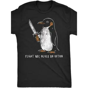 Mens Sarcastic Penguin Graphic Novelty Tee |   Flight was Never an Option, Relaxed Fit, Short Sleeve, Casual, Breathable, Soft, Summer Spring Fall Essential - Unique Gift Idea for Men, Humorous Tops for Birthday, Holiday, or Everyday Wear