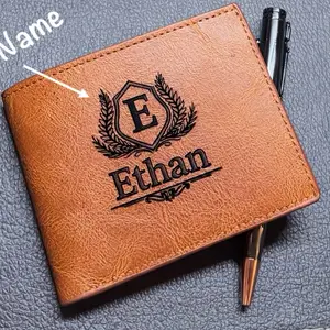 Custom Engraved Men's Wallet with Personalized Name and Text Monogram Design Brown Leather Style