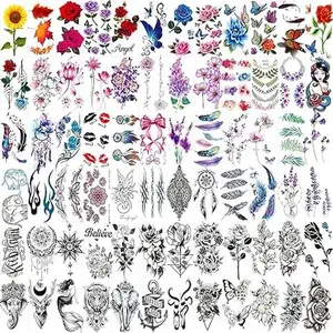 72 Sheets Temporary Tattoos for Women and Girls, Flower / Butterfly Temporary Tattoo, Fake Black Tiny Body Art Sticker