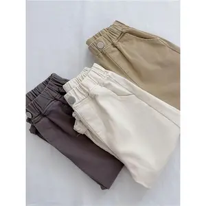 3-Piece Boys Casual Pants Set 9Inch Length Khaki Dark Gray Solid Color Soft Comfortable for 100-150 Autumn Daily Wear