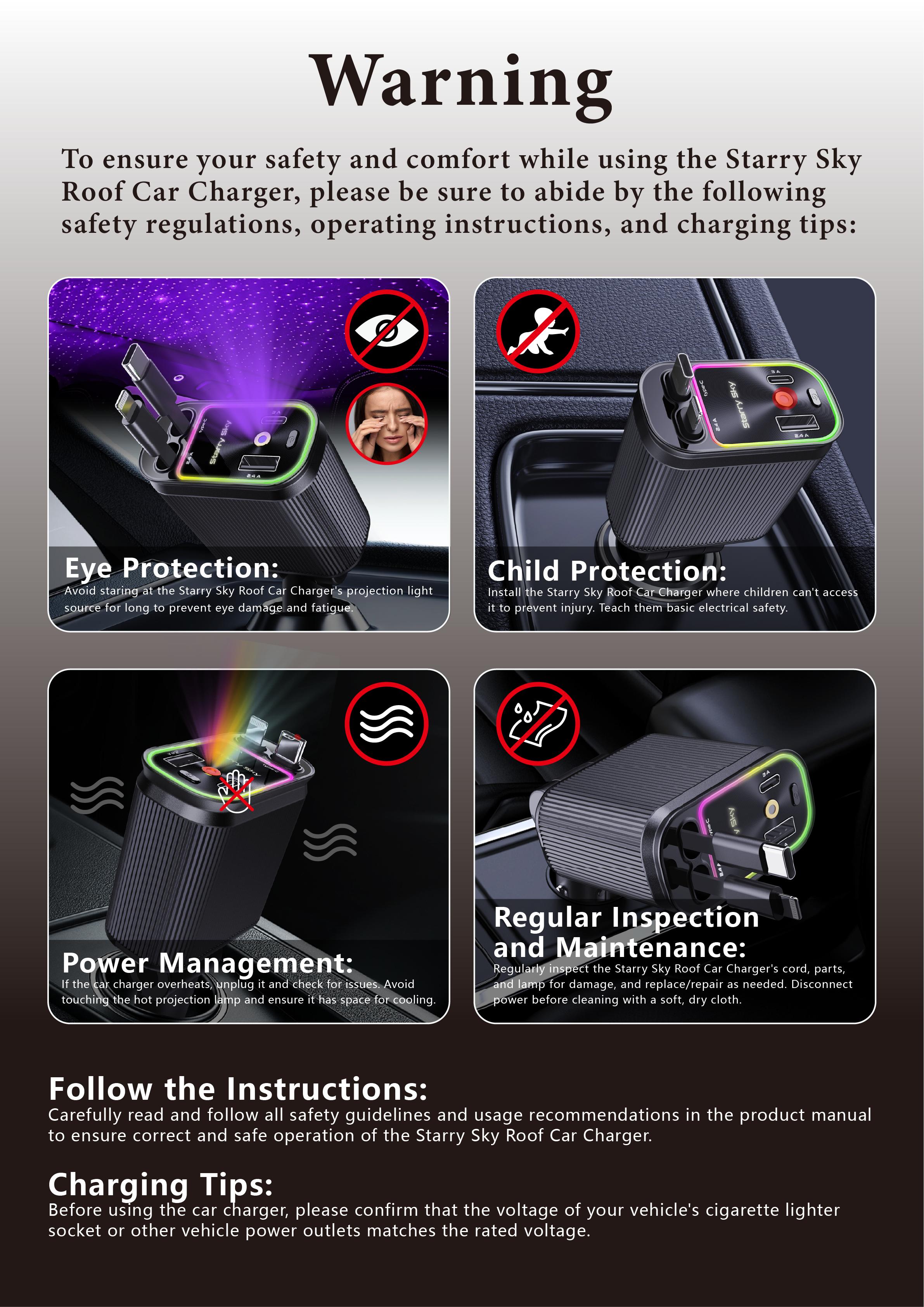 W&O 4-in-1 Retractable Car Charger - Fast Charging, Star Projector, Starlight Headliner, Lightning/Type-C, 2 USB Ports, Compatible with iPhone 15/14/13/12/11, Galaxy, Pixel, Compact and Portable Design