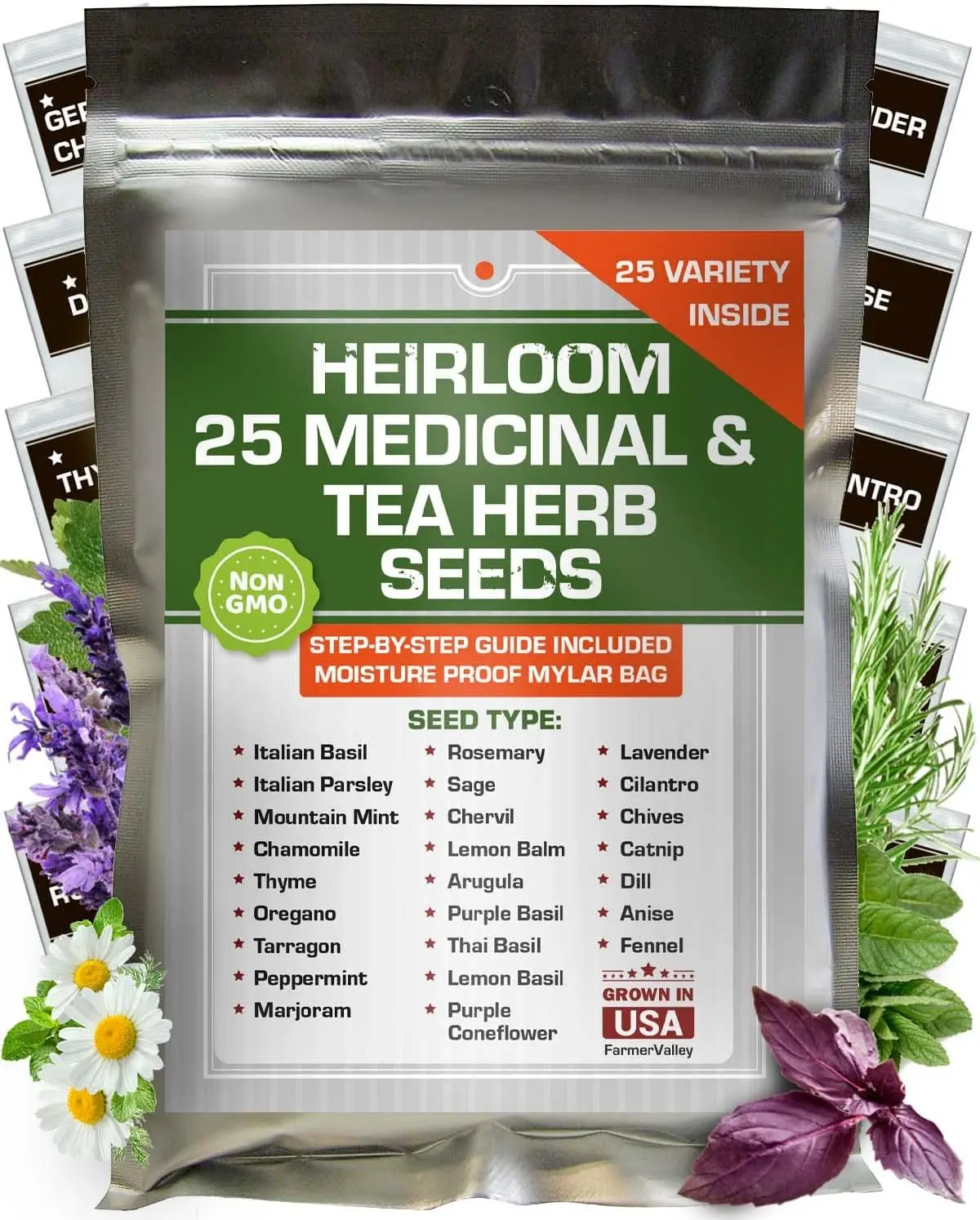 Set of 25 Medicinal Herbs and Herbal Tea Garden Seed Collection, Assorted Culinary Herb Seeds Variety Pack Including Lavender, Chamomile, Thyme, Oregano, Marjoram, and More