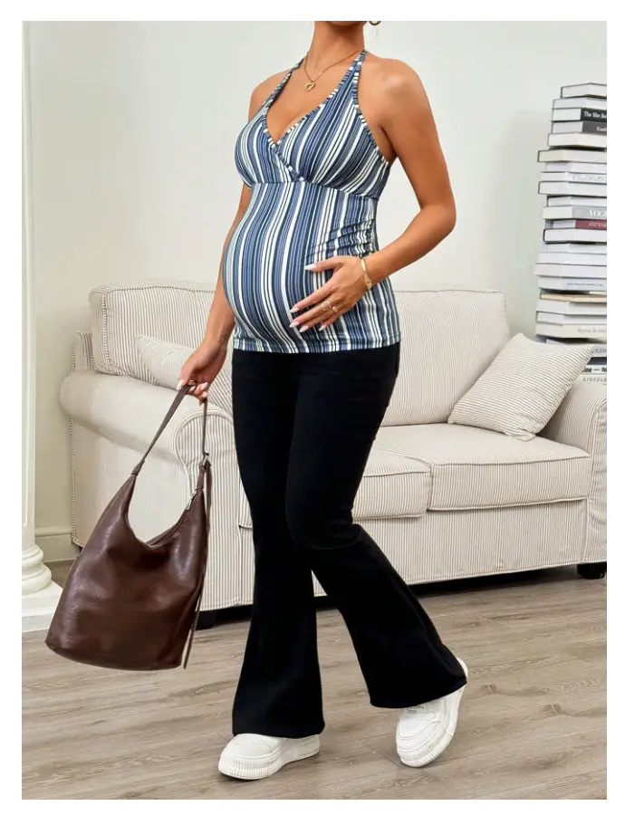 Maternity Striped Fashionable Fitted Halter Neck Camisole, The material is soft and stretchy, suitable for wearing in the summer.
