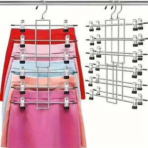 Space-Saving Stainless Steel 6-Tier Pants Hangers - Hanging Closet Organizer with Clips - Multi-Use Skirt Jeans Scarf Storage, College Dorm Room Essentials Decor, Clothes Hanger Organizers