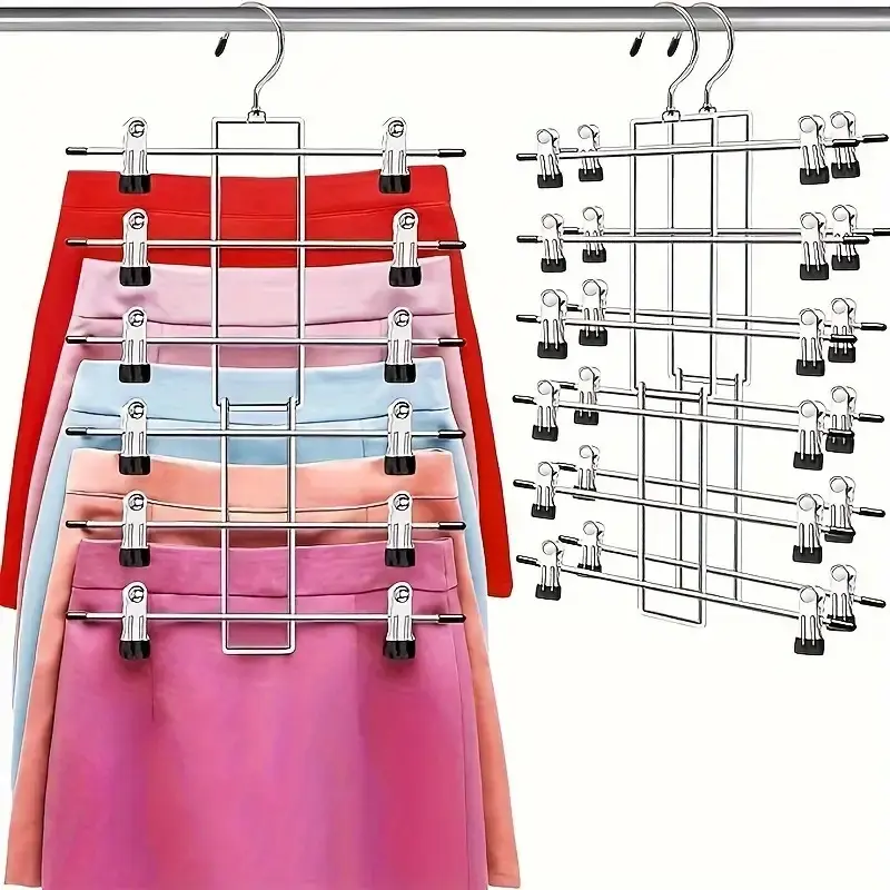 Space-Saving Stainless Steel 6-Tier Pants Hangers - Hanging Closet Organizer with Clips - Multi-Use Skirt Jeans Scarf Storage, College Dorm Room Essentials Decor, Clothes Hanger Organizers