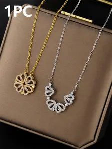 1pc Magnetic Deformable Four‑Leaf Clover Cubic Zirconia Pendant Clavicle Necklace, Gold & Silver Plated 2‑Color Optional Lucky Aesthetic Fashion Accessory for Women, Daily Casual Party Birthday Gift, Viral Trendy Jewelry