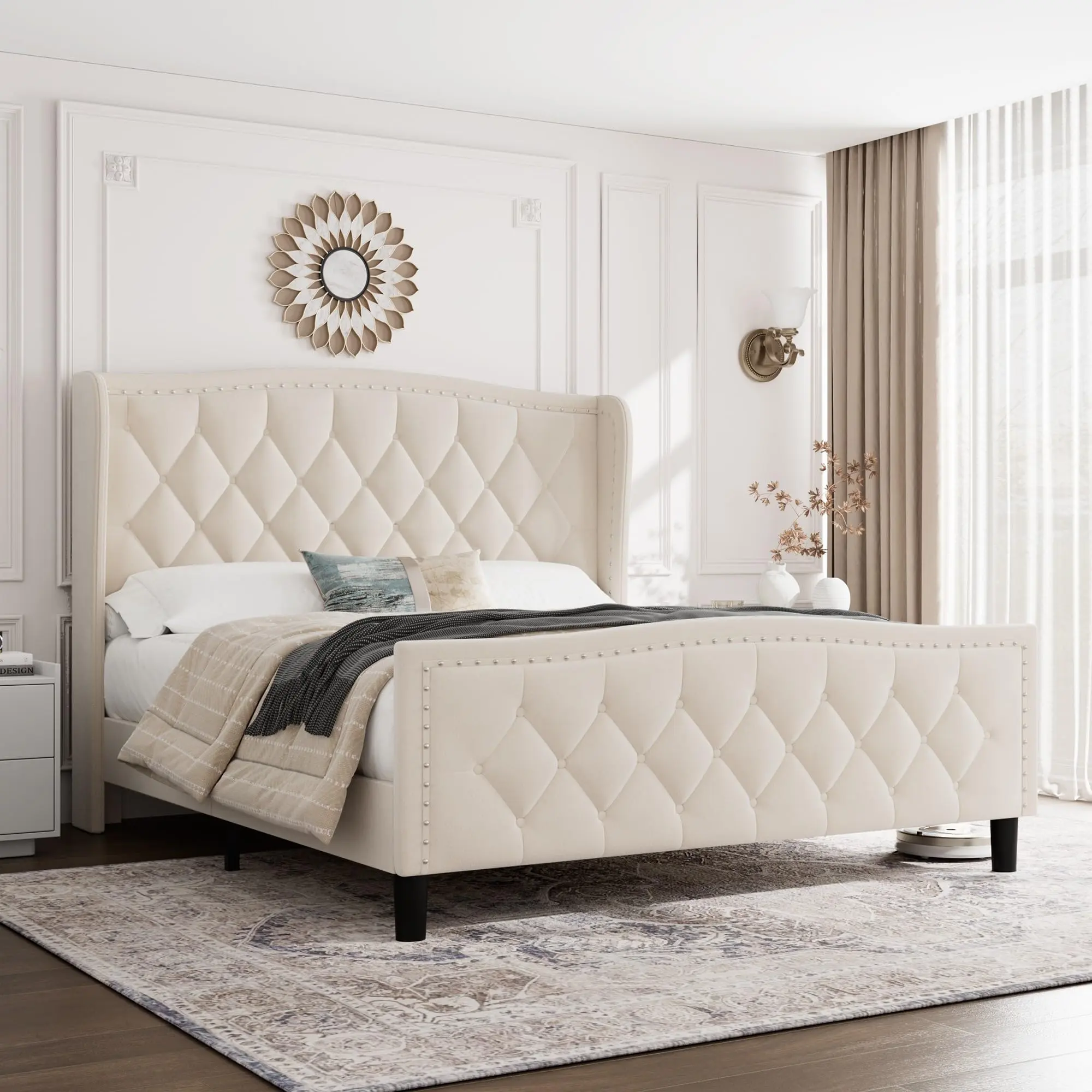 Full Size Bed Frame, Velvet Upholstered Platform Bed with Wingback Headboard, Wooden Slat Support, No Box Spring Needed, Easy Assembly, Beige