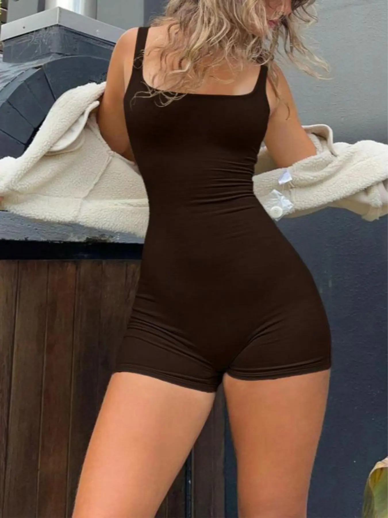 Women's Brown Bodycon Chic Romper Sleeveless Square Neck Stylish Jumpsuit Sexy Slim Fit Short Playsuit Stretchy Casual Outfit Clubwear Streetwear Summer Fashion Minimalist Womenswear