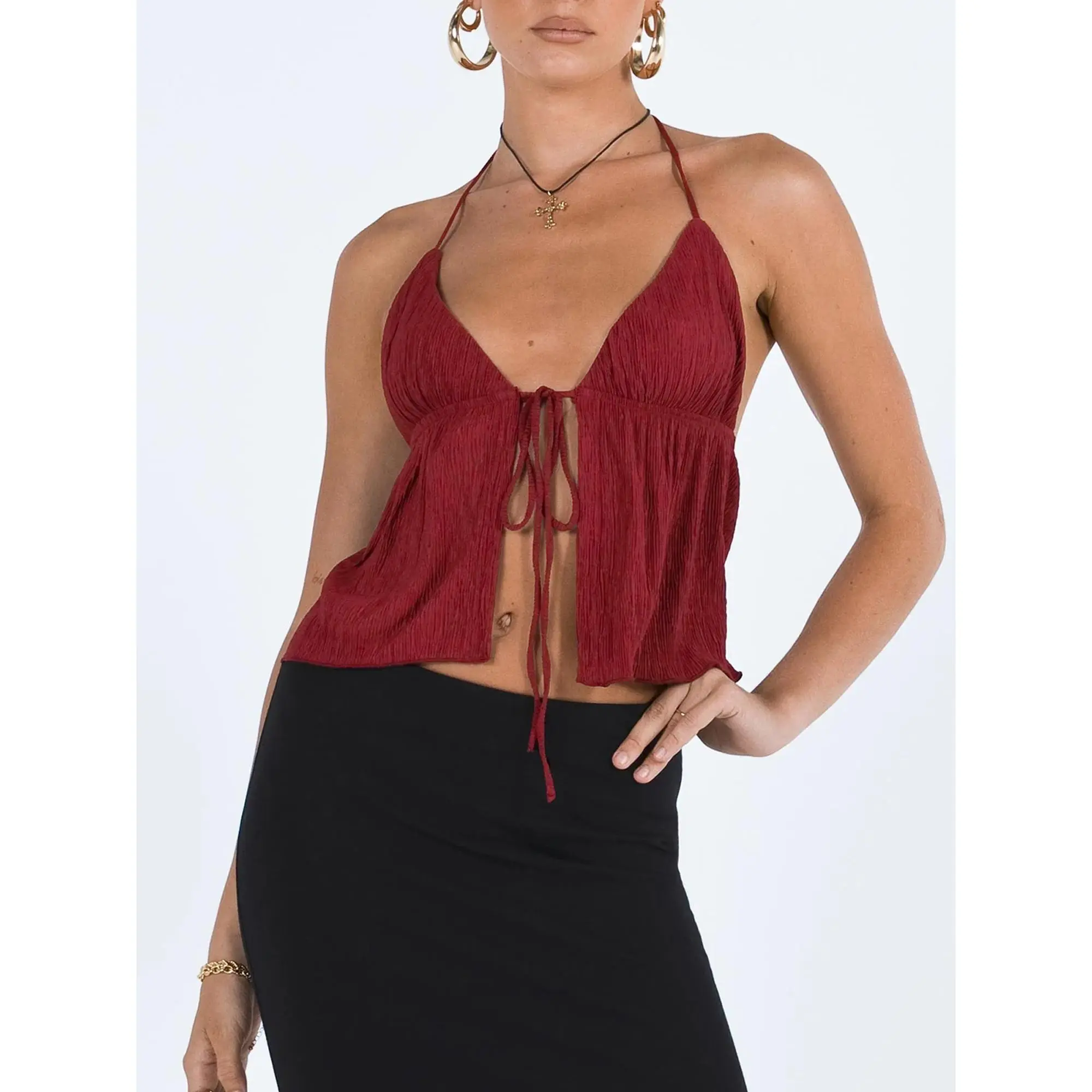 Women's Fashion Polyester Halterneck Crop Top - Summer Solid Color Bandage, Open Front, Backless, Sleeveless - Comfortable Everyday Casual Streetwear Vest, Short, Vest Top, Backless Cut, Solid Fabric