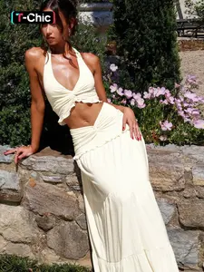 Women's Solid Color Plunge Neck Crop Top & Ruched Skirt Two-piece Set, Sleeveless Halter Neck Top & Bodycon Skirt, Ladies Summer Clothes for Party and Holiday, Womenswear