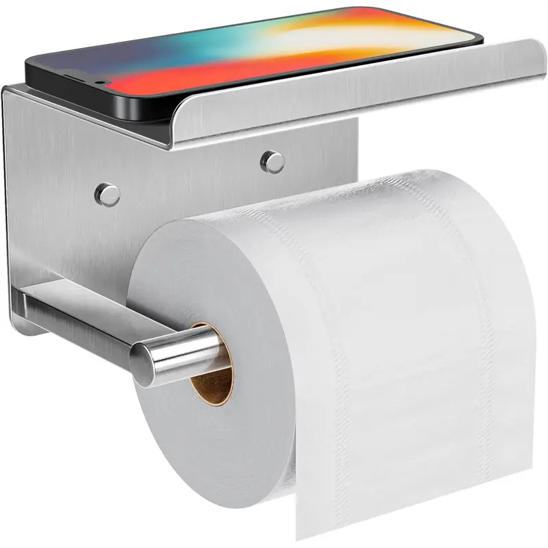 Toilet Paper Holder Self-Adhesive Wall Mount Shelf for Bathroom, Stainless Steel Rustproof Modern Minimalist Design, Dual Installation Options, Fits Standard & Large Rolls