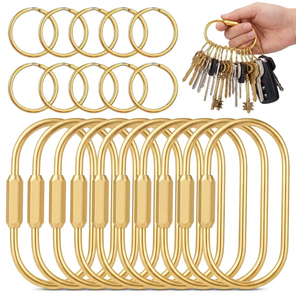 10 pack Gold Brass Key Rings Locking Screw Carabiner Clips O-Rings Purse Bag Charms Brass Carabiner Key Ring for Handbags, Doll, Car Keys