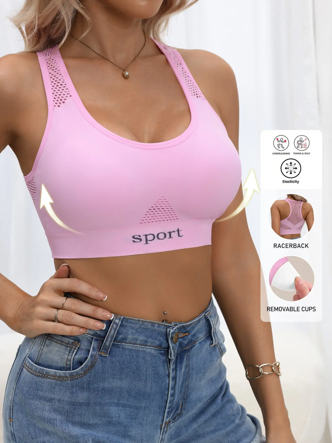 Women's High Support Breathable Supportive Sports Bra, Detachable Pads, Back Cutout Design, Moisture Wicking Gym Top Sporty Workout Bra for Yoga Running Pilates, Women Workout Clothes, Sport Bras