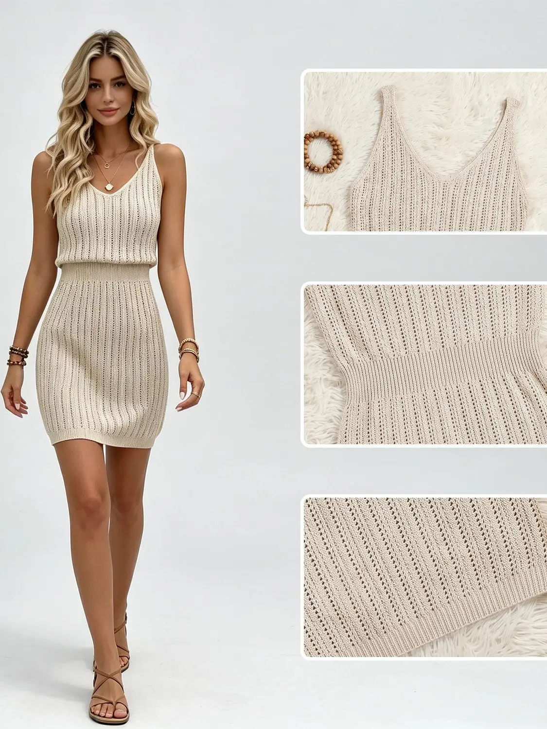Elegantsut Women's Lady Minimalist Knit Sweater Dress - Casual V-Neck Sleeveless Hollow-Out Plain Striped Fall Casual Wear Womenswear Vneck, Basic, Fashion Apparel, Zipper, Fall‑Ready Knit