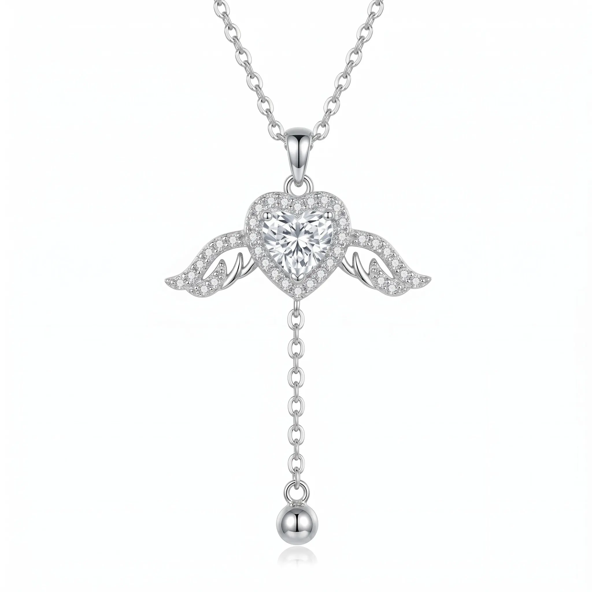 S925 Sterling Silver Heart with Angel Wings Y-Necklace for Women, AAA+ Cubic Zirconia Birthstone Pendant with Lariat Dangle Ball, Platinum Plated Guardian Angel Jewelry Gift for Her