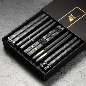 RYNOX 5 Pairs Premium Chopsticks Reusable Dishwasher Safe 9.5 Inch Fiberglass Chop Sticks Gift Set Non Slip Black + Silver Cutlery Tableware