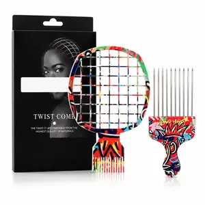 2Pcs Twist Comb Set for Men, Afro Twist Styling Comb & Metal Pick Comb, Hair Sponge Brush Alternative for Textured Hair, Coils, Curls, Afro, Pompadour, Volume Lift, Parting & Barber Hair Styling Tools for Home Salon Use