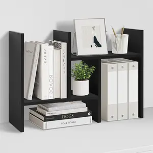Desktop Organizer Office Storage Rack Adjustable Wood Display Shelf Free Style Double H, Multi-Functional Mini Bookshelf for Desk Natural Stand (Black)