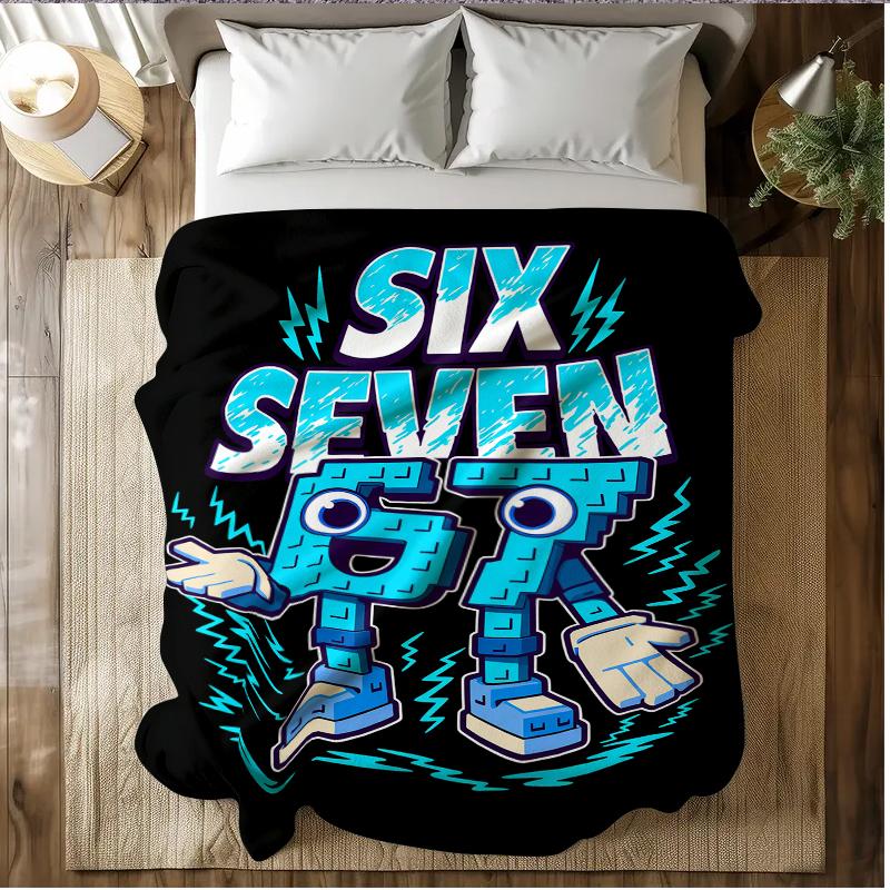 Blue-Black Color Block "67" Number Robot Lightning Flannel Blanket A warm nap blanket Lightweight Warm Ideal for Sofa Bed Travel Camping Living Room Multiple  Perfect Gift for Family and Friends