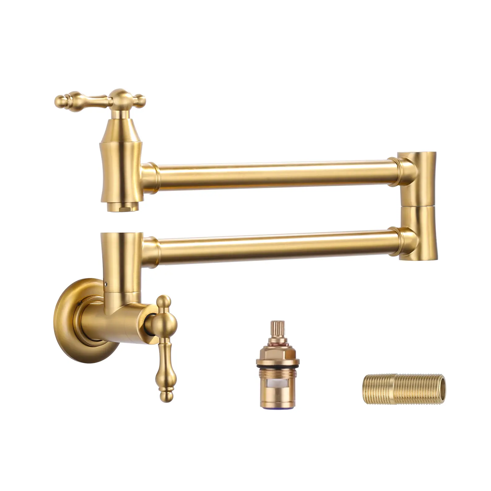 WOWOW Brushed Gold Solid Brass Wall-Mount Pot Filler Faucet - Cold Water High-Flow Stove Fixture, Dual-Arm Double-Joint Swing Design, Faucet Aerator, Classic Glam Traditional Style for Commercial Kitchens (Convenience & High Flow Rate), Solid Brass Body R