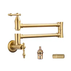 WOWOW Pot Filler Faucet, Traditional Brushed Gold Pot Filler Wall Mount Commercial Stove Faucet with Double Joint Swing Arms Brass Kitchen Pot Faucet