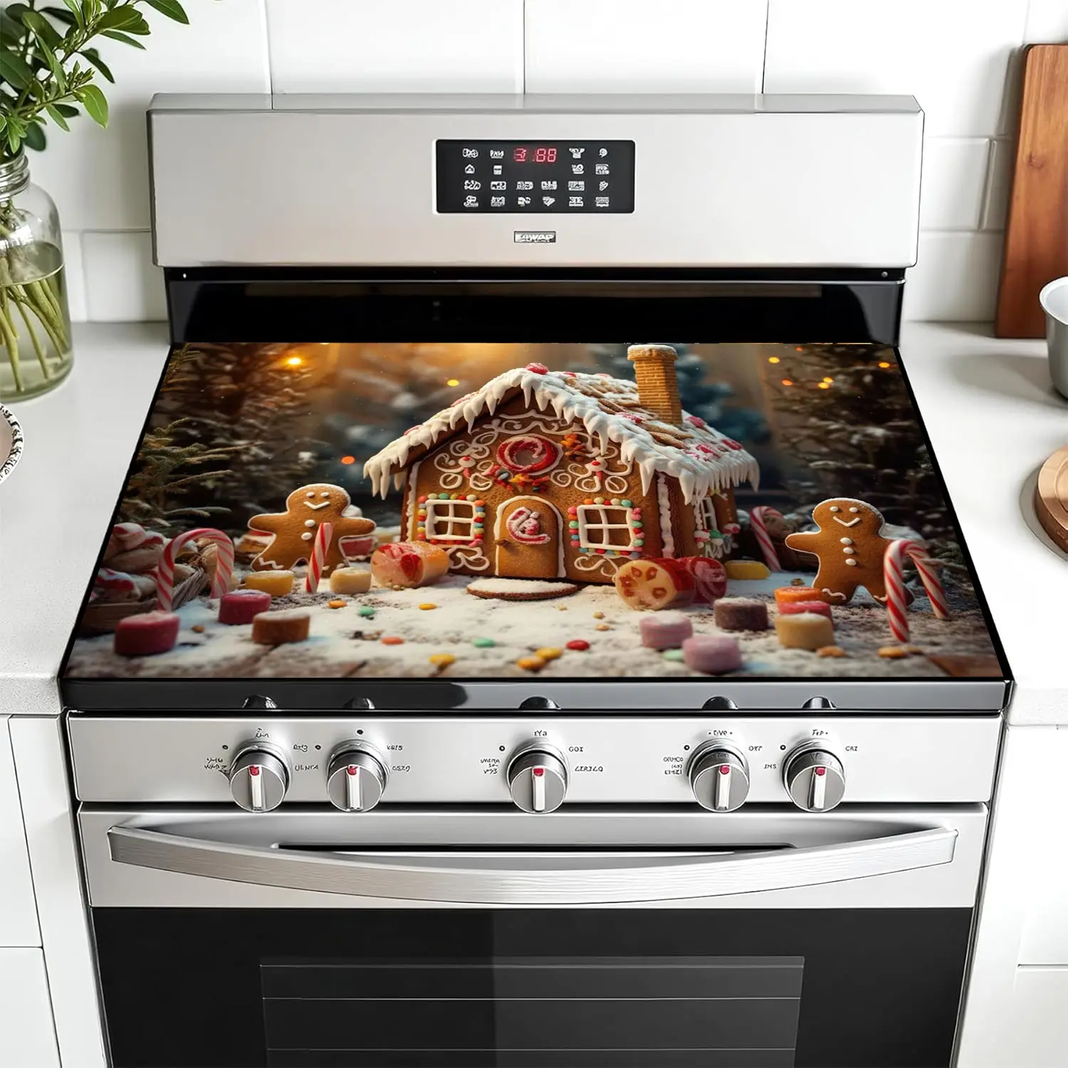 Christmas Gingerbread Man Design Non-Slip Rubber Oven Mat Cover, Stove Panel Protector, Holiday Decor Gift, Durable Kitchen Decoration, Kitchenware