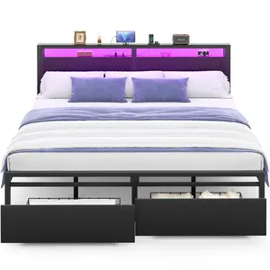Homieasy Bed Frame with 2 Storage Drawers, Luxury Bed Frame with Charged Headboard and LED Lights, king Bedframe led bed