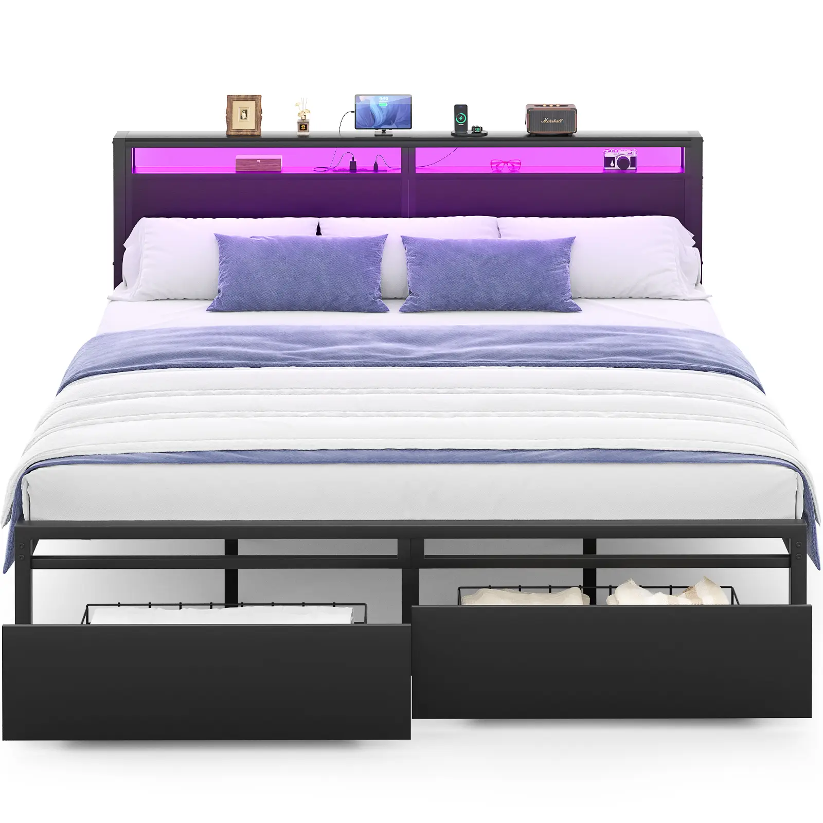 Homieasy Bed Frame with 2 Storage Drawers, Luxury Bed Frame with Charged Headboard and LED Lights, king Bedframe led bed