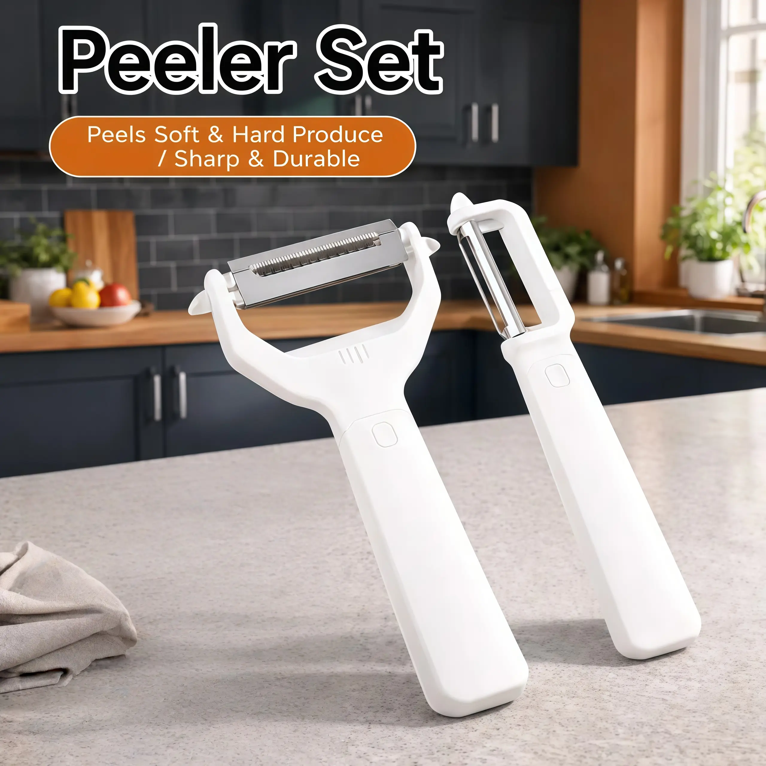 2-in-1 vegetable and fruit peeler set for kitchen use, multi-purpose kitchen soft and hard product peeler, kitchen peeler tool, white minimalist peeler, stainless steel sharp blade, dual-use for soft and hard fruits and vegetables, anti slip long handle