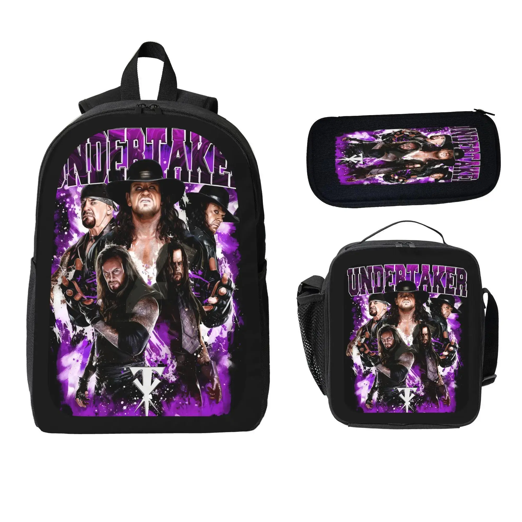 WWE Legend Themed Undertaker 3-in-1 Pattern Backpack Set - Childrens Bag, Bold Design School Backpack, Lunch Bag & Pencil Case for Wrestling Fans’ Daily Use, First Day Of School, Campus Life, Everyday Carry, Swag Backpacks