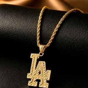 Unisex LA Gold-Tone Rope Chain Pendant Necklace - Eye-Catching LA Letter Charm, Classic Rope Chain, High-Polish Finish, Streetwear Jewelry Accessory