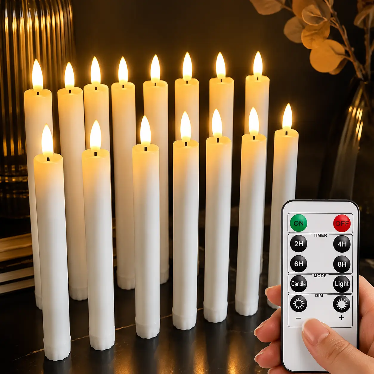 Homemory 6-Piece Classic Waxy Flameless Taper Candle Sets - White Battery-Operated LED Candlesticks with Remote Control, Flickering Tall Lights for Home, Wedding Ambience