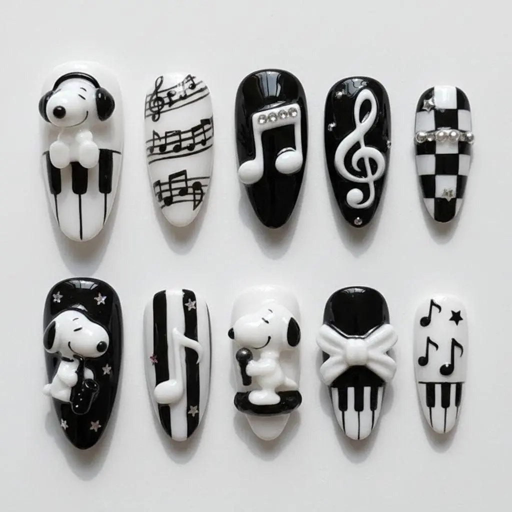 Esnoopyl Inspired Press On Nails Black White Music Theme Nail Art| FREE Adhesive Tabs FREE Nail File FREE Cuticle Stick