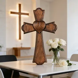 Christian Religious Wall Decor, Eternal Heart Cross, Wooden Cross Decorations, Faith & Love Interwoven, Easter Gift, Universal Setting, Engineered Wood Panel
