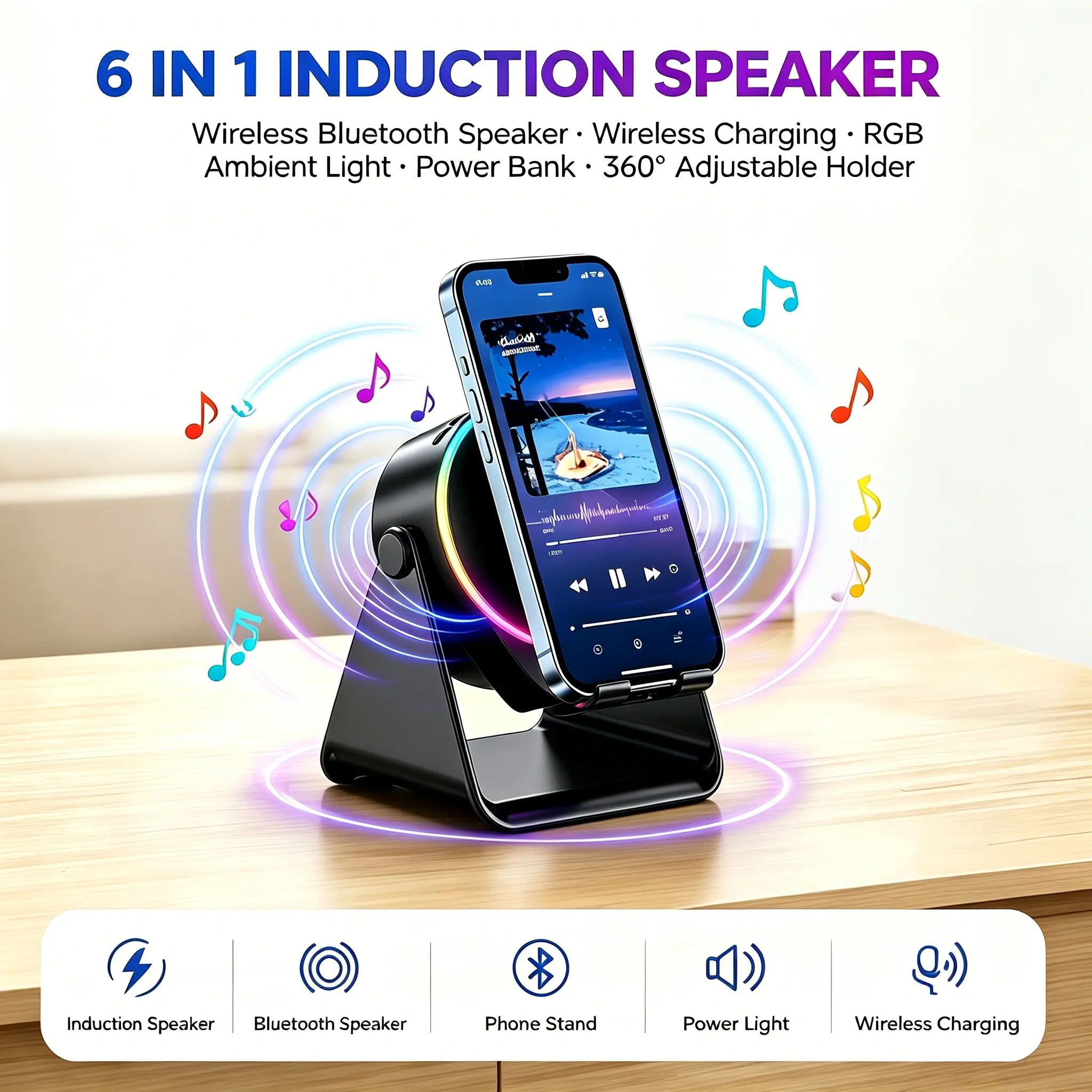 6-in-1 Wireless Induction Speaker & Phone Stand | 360° Rotating RGB Light Power Bank Wireless Charger - Gifts for Men & Women