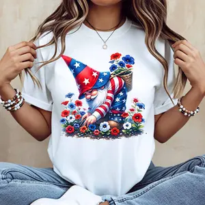 American Flag Gnome With Flowers Print T Shirt Women Casual Short Sleeve Top Summer Fashion Trendy Graphic Tee