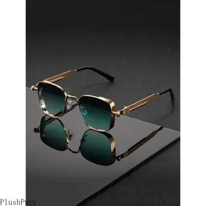 Men's Vintage Industrial Rectangular Metal Frame Eyeglasses, Engraved Metal Details & Flexible Hinges, Great for Gatherings Ceremonies Occasions Polarized Green Sunglasses