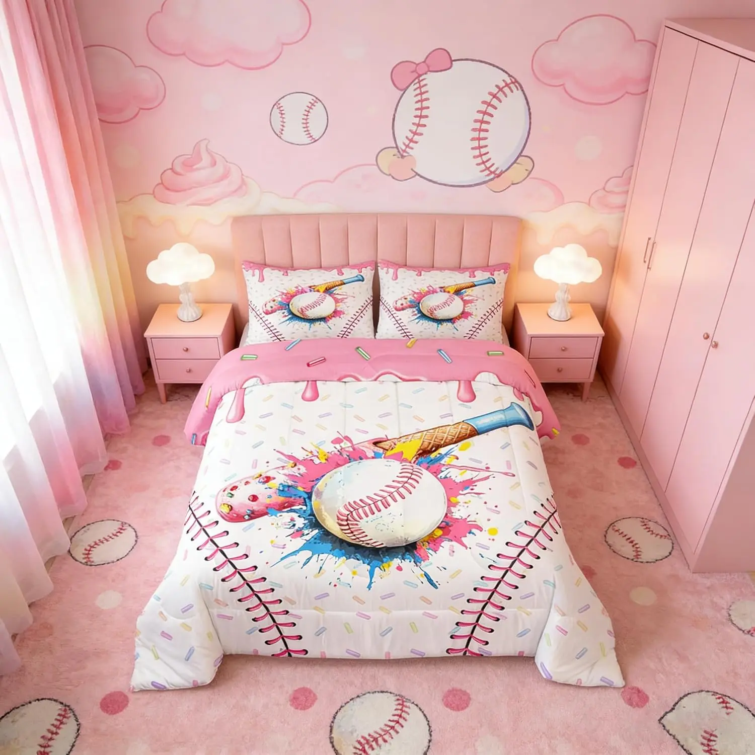 Ice Cream Drip Baseball Comforter Set,Ice Cream Baseball Theme Bedding Set,Sports Gaming Down Comforter for All Season Room Decor,,No Sheets