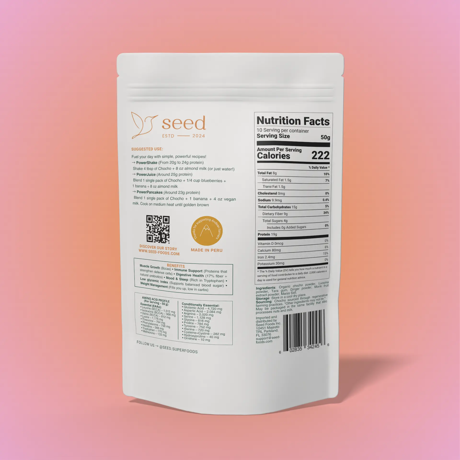 Seed LUCUMA CHOCHO Plant-Based Protein Powder 20g 6 Ingredients 1.1 lbs Nutritional Supplement Powder