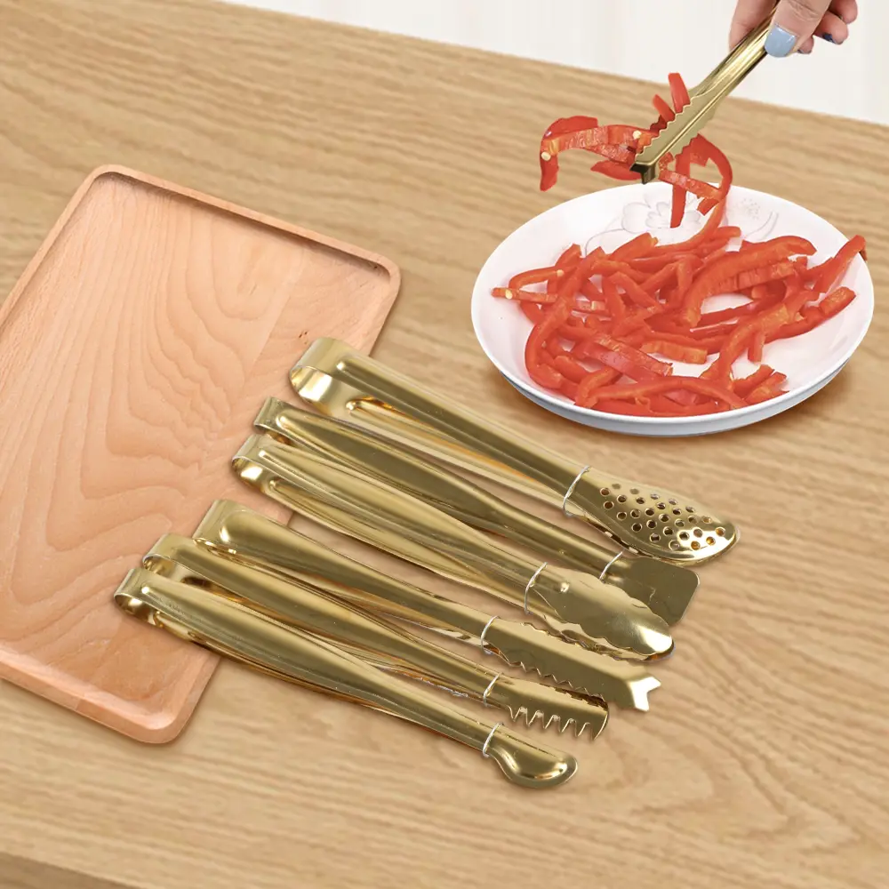 6-Piece Stainless Steel Gold Mini Tongs - 6 in, Different Tips, Tong Shape Multi-Use Utensils for Tea, Sugar, Ice, Food Prep - Ideal for Buffet, Dishwasher Safe