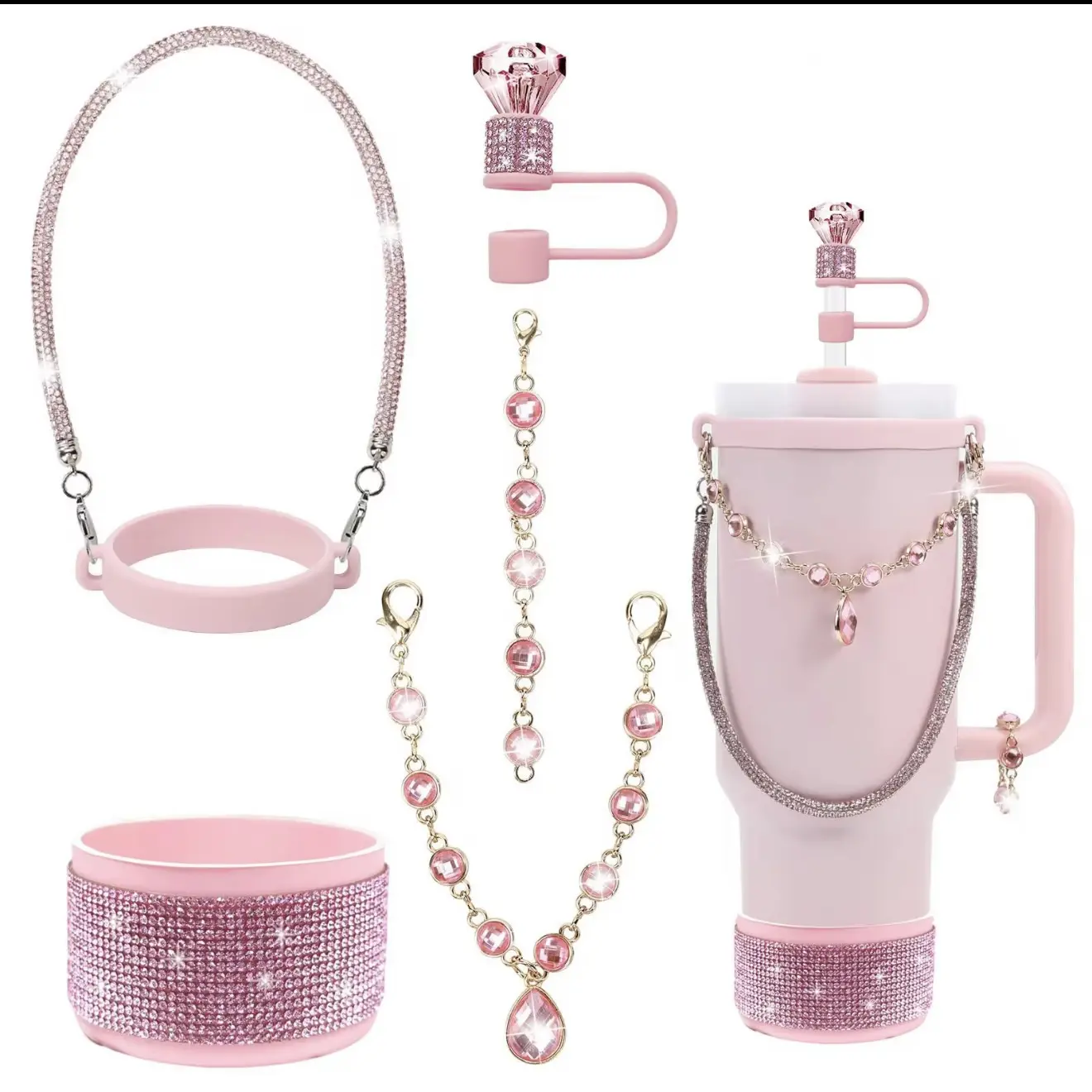 40oz Rhinestone Tumbler Gift Set, Drinkware with Straw, Straw Topper, Charm Accessories, Cup Holder & Gift Box