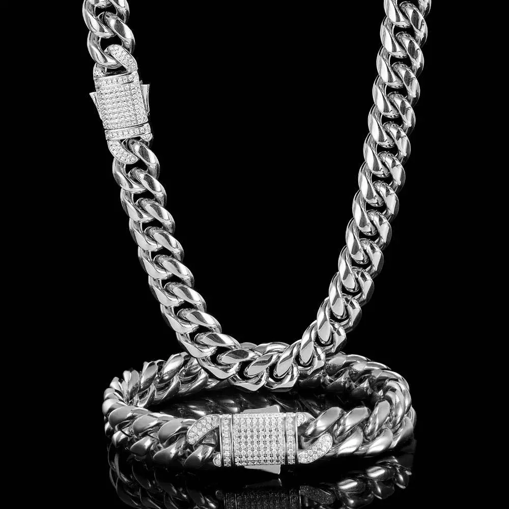10-12MM 316L Stainless Steel High-Polished Cuban Link Fashionable Jewelry Set, Unisex Adult Chunky Necklace Set, Chain & Link Elegant Accessory