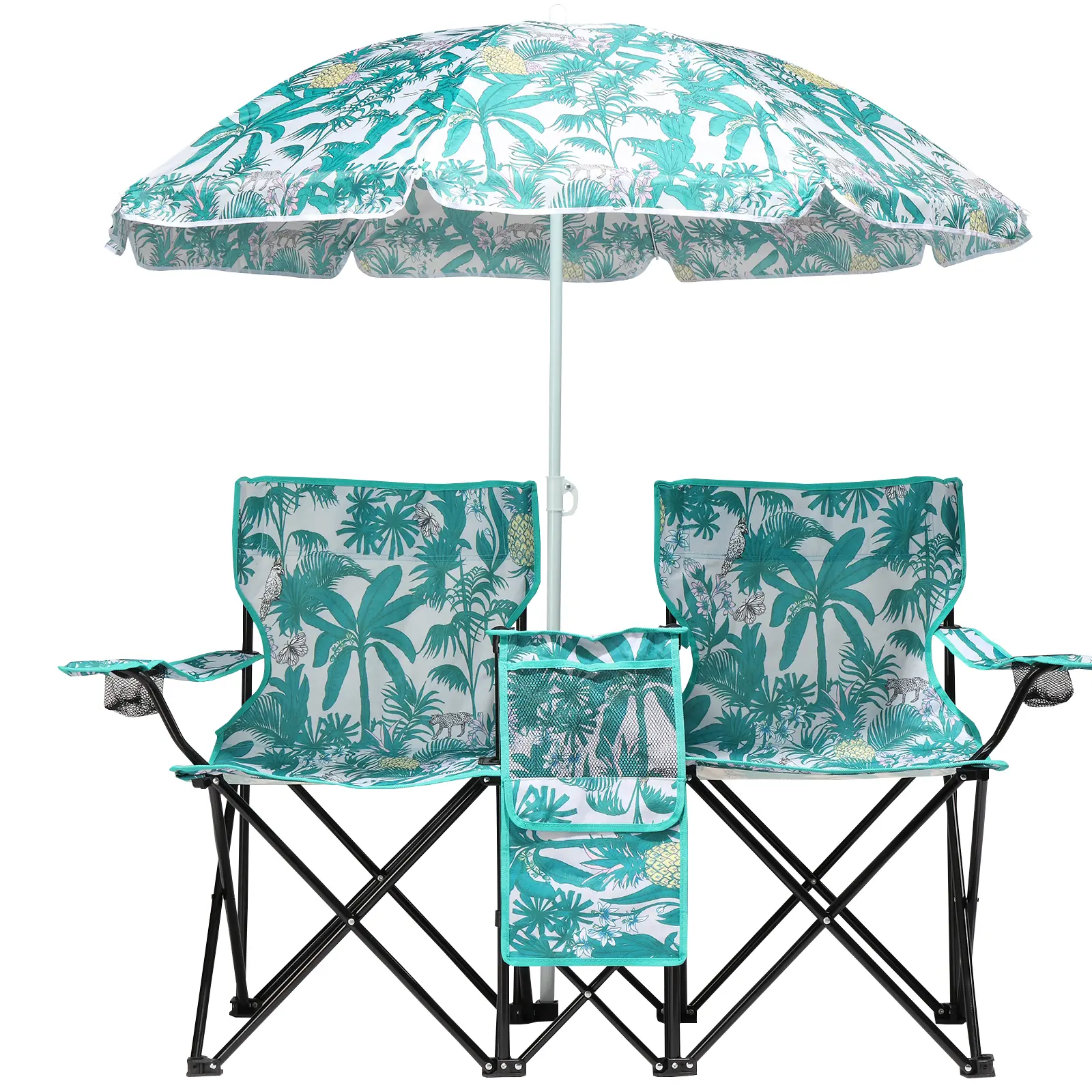 Portable 2-Seat Pineapple Pattern Foldable Outdoor Chair with Detachable Sun Umbrella Heavy Steel Oxford Double Lounge Chair for Beach Fishing Sunbathing with Free Storage Carry Bag ,lawn chair