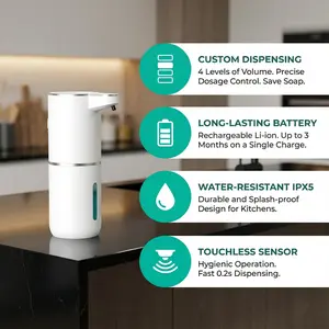 Automatic Touchless Foam Soap Dispenser, Type-C Rechargeable Smart Hand Soap Dispenser with 4 Adjustable Levels, 380ml Countertop Soap Dispenser for Bathroom & Kitchen (White)