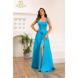 A-line Scoop Neck Jersey Satin Long Prom Dress