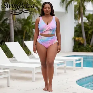 Briza｜Wrap Front Tummy Control Plus Size Tankini Set High Waisted Bikini with Ruched Detail Pink Blue Leopard Two Piece Bathing Suit for Women Flattering Swimwear Summer Vacation Beachwear, Women's Swimwear, Tankini Swimsuit Set, Bikini Set