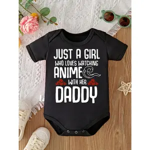 Cute Baby Bodysuit with Just A Girl Who Loves Watching Anime With Her Daddy Print Soft Versatile Round Neck Button Detail Regular Fit All Seasons Knitted Fabric Onesie for 0-12 Months